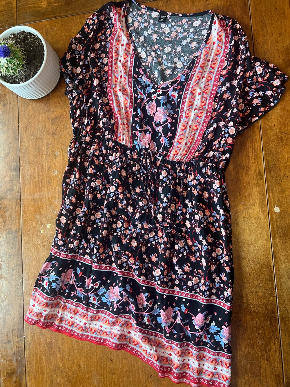 SHEIN Curve Black Floral Peasant Dress Boho Mini Dress 2XL